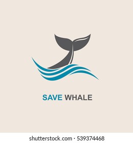 Design with abstract symbol of whale and sea wave. Vector illustration