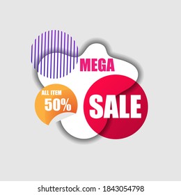 Design of abstract vector banner with rounded corners on the leg for mega big sales. Yellow tag templates with special offers for purchase, strokes and elements.
