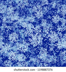 Design of abstract wildflowers. Flowering meadow. Seamless pattern of small light flowers. Floral dark blue background for textile, fabric, wallpapers, covers, print, decoupage, gift wrap