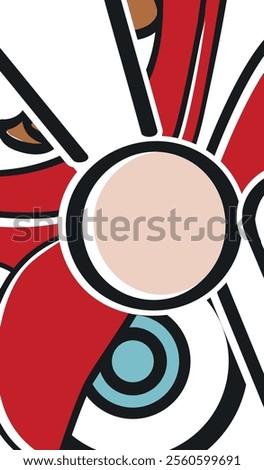 Design abstrait avec des formes géométriques, des couleurs vives (rouge, bleu clair, noir, blanc) et des contours épais noirs.