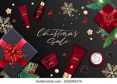 Design ad banner for cosmetic catalog. Christmas sale poster