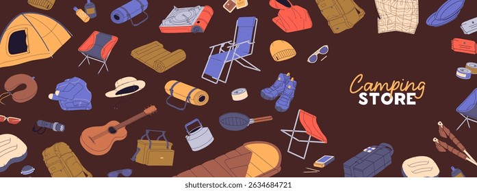 Design of advertising banner of backpacking, trekking tools store. Promotion template of hiking item shop. Layout with supplies for camping, travel in nature in summer. Flat vector illustration