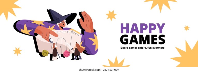 Design of advertising banner of board games store. Template of promotion of boardgames event. Happy girl plays role, master, player of dungeon and dragon with dices has fun. Flat vector illustration