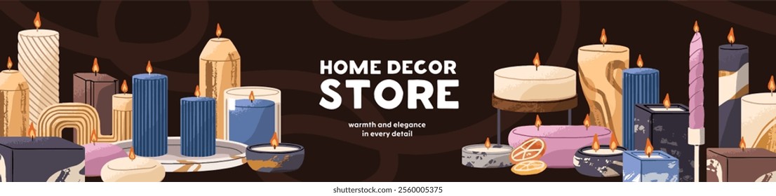 Design of advertising banner with home decor, burning scented candles. Promotion template with different aroma candlelights. Layout with trendy interior decorations. Flat vector illustration