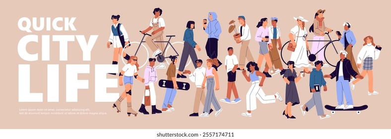 Design of advertising banner with strolling crowd of citizens. Template with city life. Diverse people with bikes, skateboards walk outdoors. Many characters go on street. Flat vector illustration