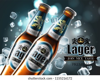Design of advertising beer with two bottles in ice cubes. High detailed delicous illustration.