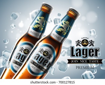 Design of advertising beer with two bottles in ice cubes. High detailed delicous illustration.