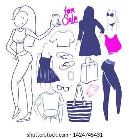 Design for the advertising of a clothing store, seasonal sales, accessories, silhouette manikens in a dress and a bathing suit, as well as a girl model makes a photo on a smartphone, graphic drawings 