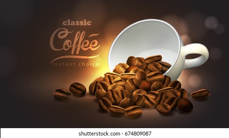 Design of advertising coffee with cup of coffee and coffee beans ,high detailed realistic illustration