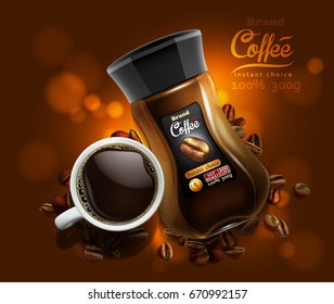 Design of advertising coffee with a picture of a cup of coffee and coffee jar on a golden brown background
