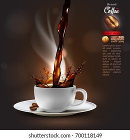 Design advertising coffee with a splash effect and a light trickle steam. high detailed realistic illustration