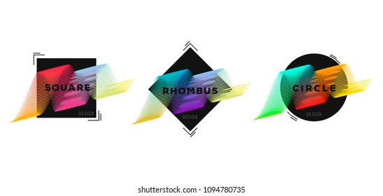 design advertising elements set, black frames of different geometric shapes with colorful waves and typography
