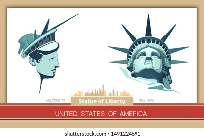 Design of an advertising portrait of the Statue of Liberty USA. Green  linear design. New York. National symbol of America.Use in presentations, advertising, booklet, album, poster, labels vector logo