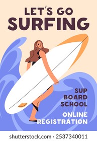 Design of advertising poster about sup boarding, surfing lessons. Template of promotion of sports event, competitions. Layout of teaching to ride on surfboard, supboard. Flat vector illustration