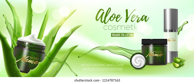 Design advertising poster for cosmetic product for catalog, magazine. Vector design of cosmetic package.Moisturizing cream, gel, body lotion with aloe vera extract.