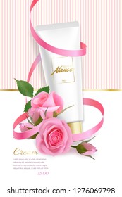 Design advertising poster for cosmetic product with rose for catalog, magazine.Vector design of cosmetic package. Perfume advertising poster.Moisturizing toner, cream, gel, body lotion with rose extra