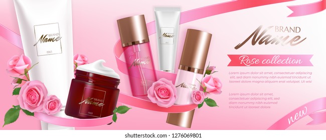 Design advertising poster for cosmetic product with rose for catalog, magazine.Vector design of cosmetic package. Perfume advertising poster.Moisturizing toner, cream, gel, body lotion with rose extra