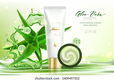 Design advertising poster of cosmetic product for catalog, magazine. Design of cosmetic package with aloe vera plant and water splash.Moisturizing cream, gel, body lotion with aloe vera extract.