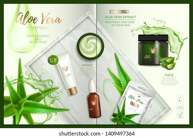 Design advertising poster of cosmetic product for catalog, magazine. Design of cosmetic package with aloe vera plant and water splash.Moisturizing cream, gel, body lotion with aloe vera extract.