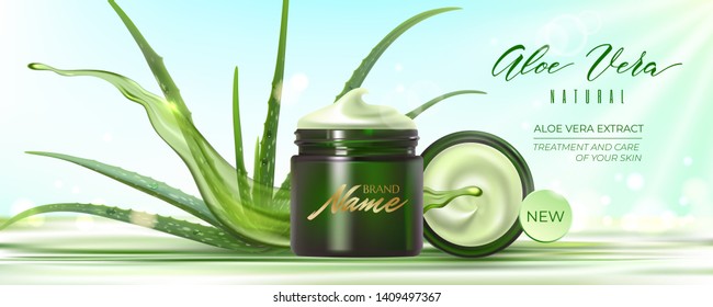 Design advertising poster of cosmetic product for catalog, magazine. Design of cosmetic package with aloe vera plant and water splash.Moisturizing cream, gel, body lotion with aloe vera extract.