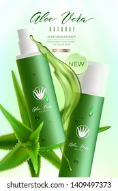 Design advertising poster of cosmetic product for catalog, magazine. Design of cosmetic package with aloe vera plant and water splash.Moisturizing cream, gel, body lotion with aloe vera extract.
