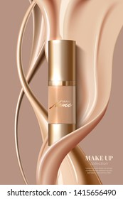 Design advertising poster for cosmetic product for catalog, magazine. Design of cosmetic package. Advertising of foundation cream, concealer, base, BB cream. Realistic creamy texture