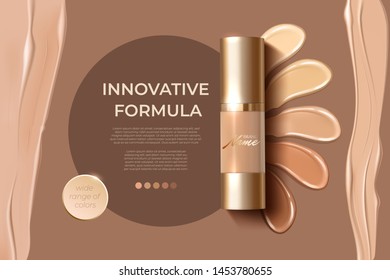 Design advertising poster for cosmetic product for catalog, magazine. Design of cosmetic package. Advertising of foundation cream, concealer, base, BB cream. Realistic creamy texture