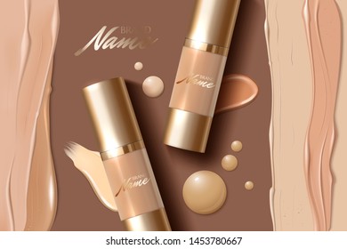 Design advertising poster for cosmetic product for catalog, magazine. Design of cosmetic package. Advertising of foundation cream, concealer, base, BB cream. Realistic creamy texture