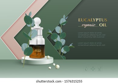 Design advertising poster for cosmetic product for catalog, magazine. Design of cosmetic package. Stylish paper cut background. Toner, cream, gel, body oil with eucalyptus extract.