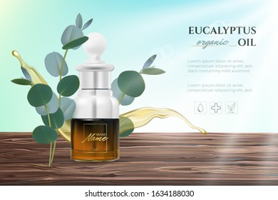 Design advertising poster for cosmetic product for catalog, magazine. Design of cosmetic package. Stylish paper cut background. Toner, cream, gel, body oil with eucalyptus extract.