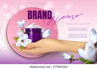 Design advertising poster for cosmetic product with rose for catalog, magazine. Vector design of cosmetic package. Perfume advertising poster.Moisturizing hand cream, gel, body lotion with magnolia