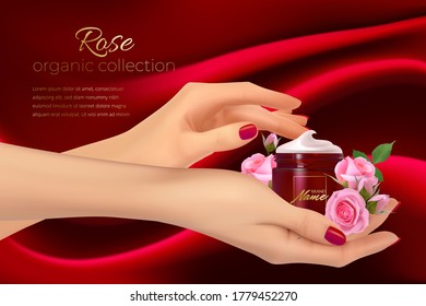 Design advertising poster for cosmetic product with rose for catalog, magazine.Vector design of cosmetic package. Perfume advertising poster.Moisturizing hand cream, gel, body lotion with rose extract