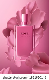 Design advertising poster for cosmetic product with rose petals for catalog, magazine.Сosmetic package. Perfume advertising poster.Moisturizing toner, cream, gel, body lotion pink liquid petals