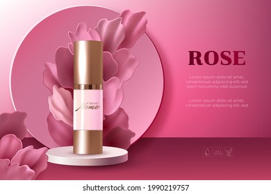 Design advertising poster for cosmetic product with rose petals for catalog, magazine. Сosmetic package. Perfume advertising poster.Moisturizing toner, cream, gel, body lotion pink liquid petals