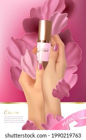 Design advertising poster for cosmetic product with rose petals for catalog, magazine. Сosmetic package. Perfume advertising poster.Moisturizing toner, cream, gel, body lotion pink liquid petals