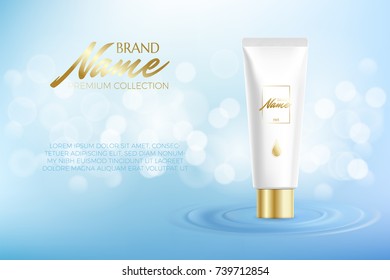 Design advertising poster for cosmetic product for catalog, magazine. Vector design of cosmetic package. Moisturizing cream, gel, body lotion with vitamins. Vector illustration with isolated objects