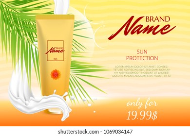 Design of advertising poster for cosmetics for catalogs and magazines. Sunscreen, lasen, oil. Protection against ultraviolet rays UVA, UVB. Sun protection cosmetic.