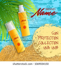 Design of advertising poster for cosmetics for catalogs and magazines. Sunscreen, lasen, oil. Protection against ultraviolet rays UVA, UVB. Sun protection cosmetic.