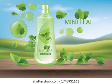 Design advertising poster cosmetics shampoo, lotion, shower gel with extract or mint flavor. 