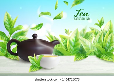 Design advertising poster of green or black tea with a clay teapot and a cup. Green tea leaves