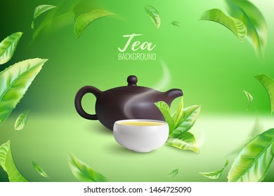 Afiche publicitario de té verde o negro con tetera de arcilla y una taza. Hojas de té verdes