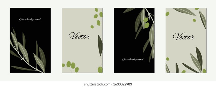 Design of advertising posters, postcards, labels for products from olives. Floral invite thank you, rsvp modern card Design set in green olive with leaf greenery branches decorative.