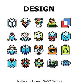 design aesthetics product icons set vector. minimalism, ergonomics functionality, innovation sustainability, usability intuition design aesthetics product color line illustrations
