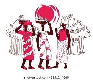 Design with african women standing at backdrop of huts and rising sun, vector illustration isolated on white background. African culture festival or independence day banner or poster design.