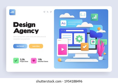 Design Agency, Mobile application, Software and web development with 3d shapes, bar chart. Landing page design template. 3d Vector Illustration