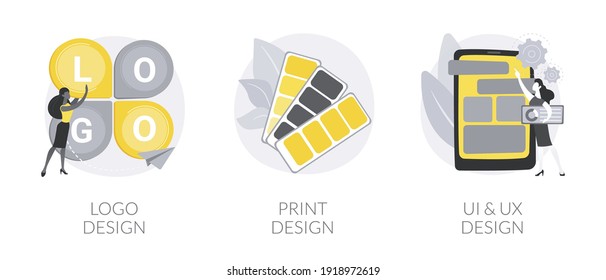 Design agency services abstract concept vector illustration set. Logo and print design, UI and UX, brand visual ID, business card, mobile app user interface and interaction abstract metaphor.