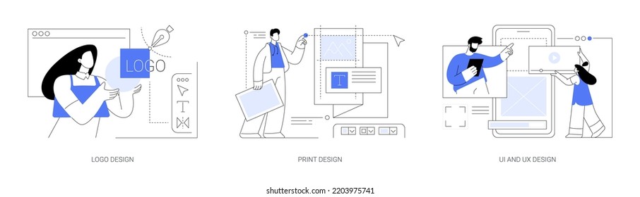 Design agency services abstract concept vector illustration set. Logo and print design, UI and UX, brand visual ID, business card, mobile app user interface and interaction abstract metaphor.