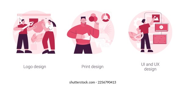 Conjunto de ilustraciones vectoriales de concepto abstracto de servicios de agencia de diseño. Diseño de logotipo e impresión, UI y UX, identificación visual de marca, tarjeta de visita, interfaz de usuario de aplicación móvil y metáfora abstracta de interacción.