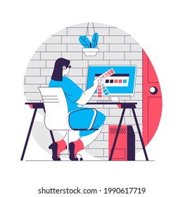 Concepto web de la agencia de diseño. El diseñador elige la paleta de colores. Escena de personas para la creación de productos digitales. Diseño de caracteres planos para sitio web. Ilustración vectorial para materiales promocionales de medios sociales