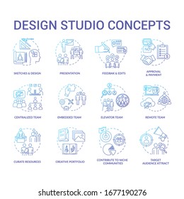 Design agency, workshop concept icons set. Creative studio structure, designer teams and creative process steps idea thin line RGB color illustrations. Vector isolated outline drawings
